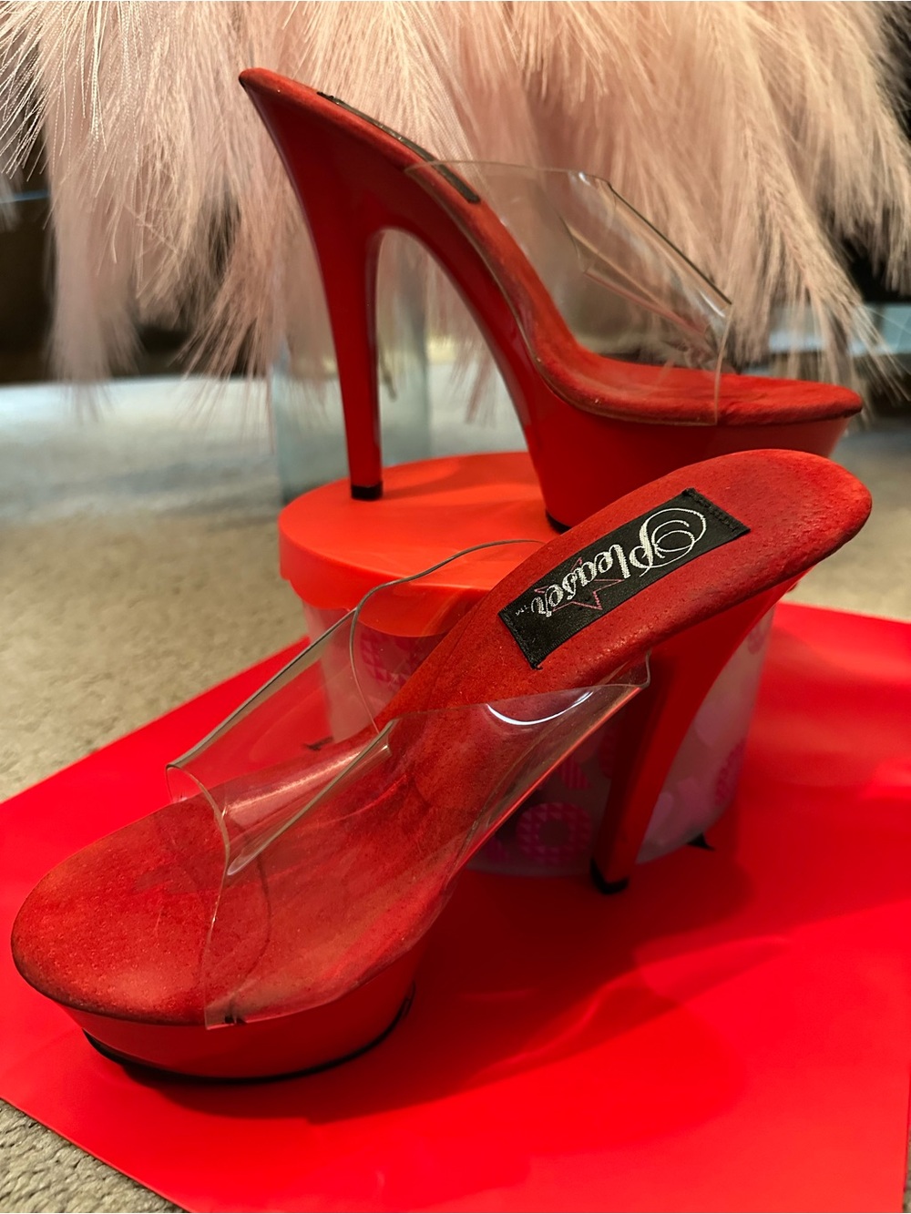 Pleaser Red Platform Mule Heels with Clear Straps